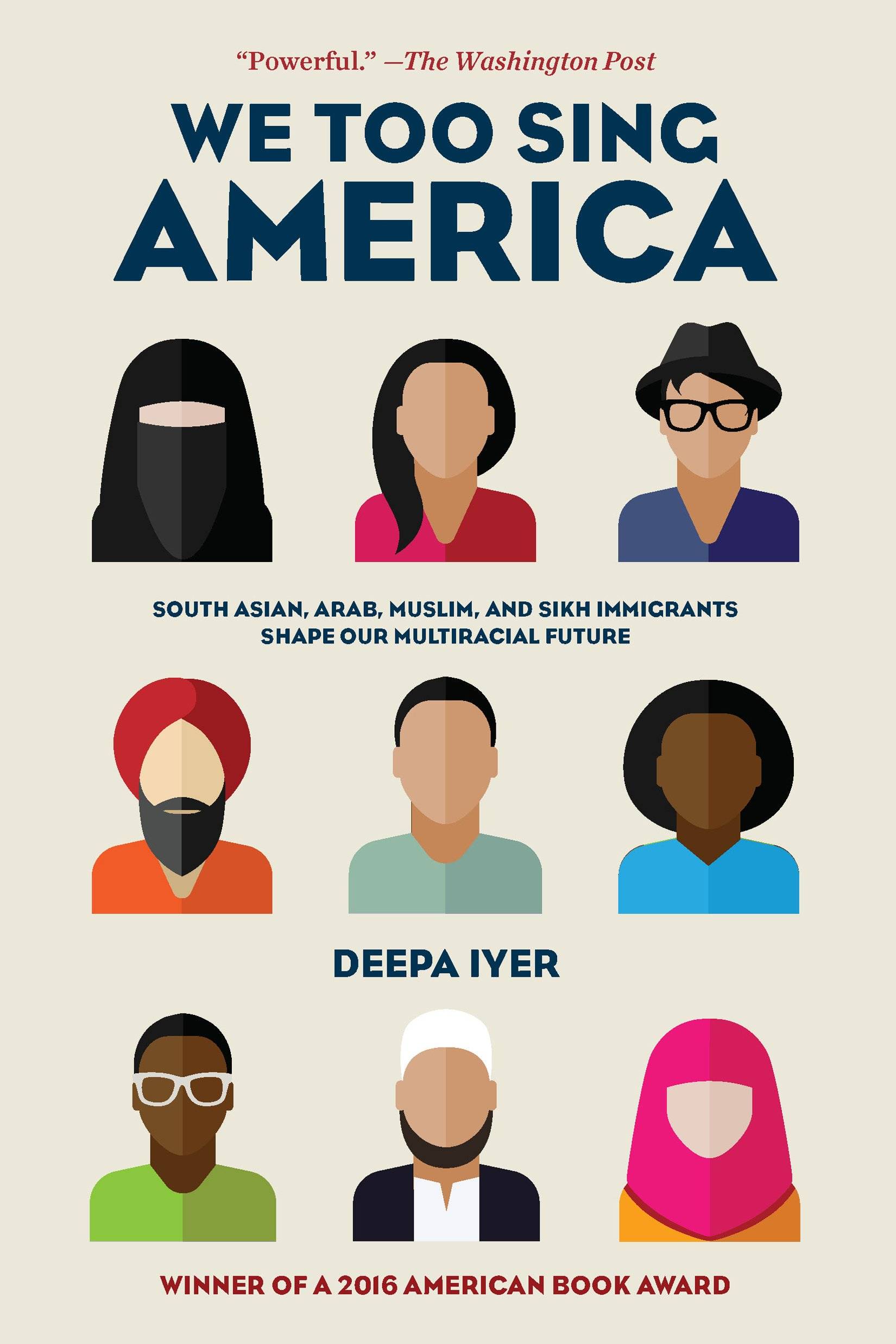 "We Too Sing America" book cover featuring simplified and colorful graphics of different looking people.